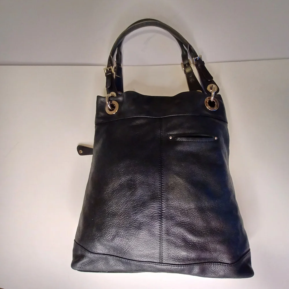 B. Makowsky Leather Hobo Style Moto Purse Shoulder Bag Black